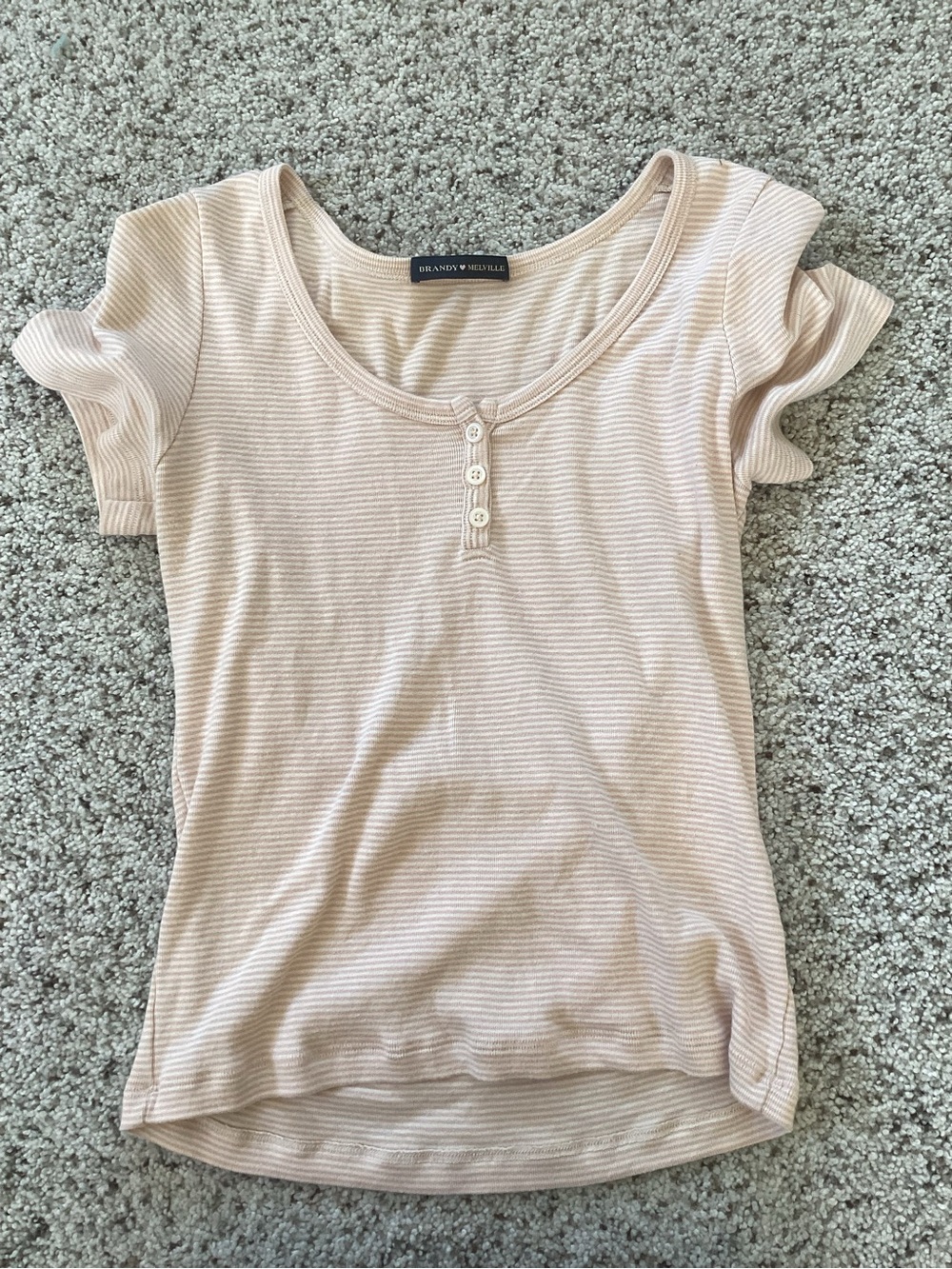 Brandy Melville Light Beige Ribbed Henley Short Sleeve Tee